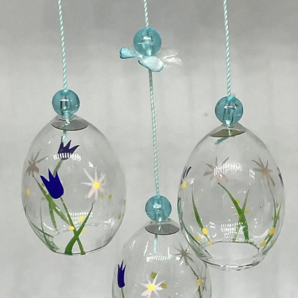 Vintage Taiwan Easter Bunny Wind Chime Hand Blown Glass Eggs Wood Rabbit 12